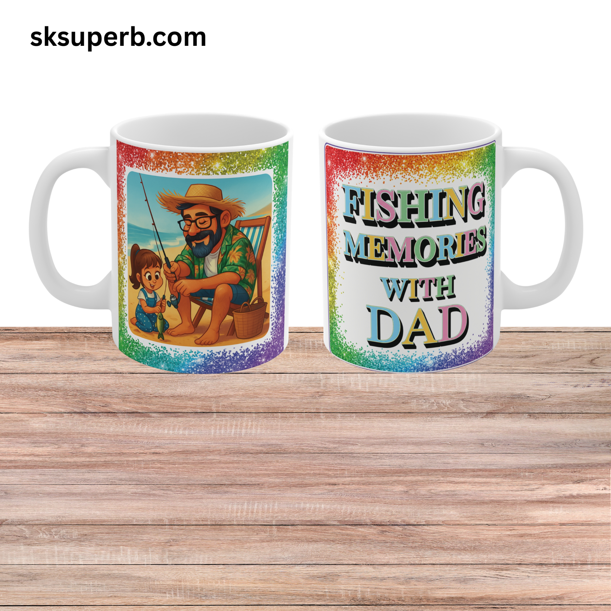 Colorful 11oz fishing mug featuring a father and child fishing together on the beach with “Fishing Memories With Dad” text design
