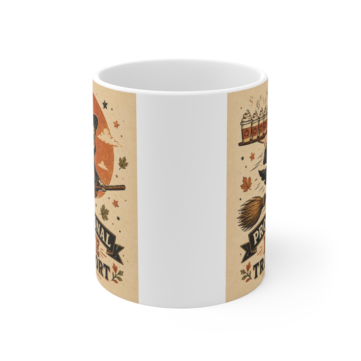 Funny Halloween 11oz ceramic mug with retro witch art transporting pumpkin spice lattes on a broomstick.