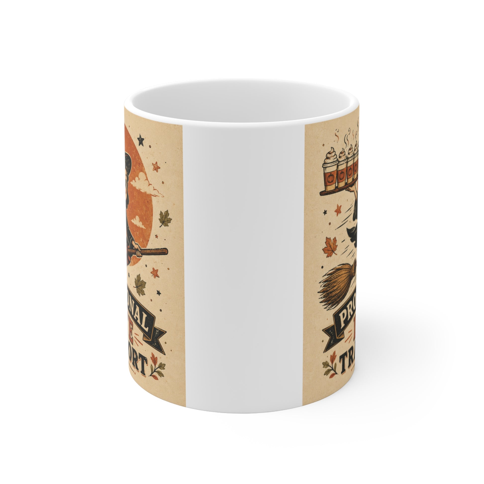 Funny Halloween 11oz ceramic mug with retro witch art transporting pumpkin spice lattes on a broomstick.