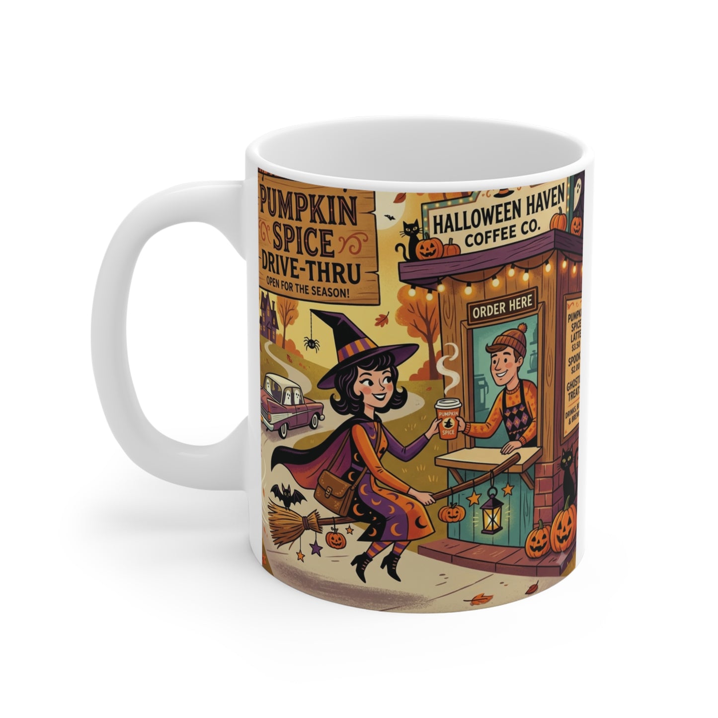 Vintage mid-century Halloween mug design displaying a witch, a black cat, jack-o'-lanterns, and a ghost car at the Halloween Haven Coffee Co. drive-thru.
