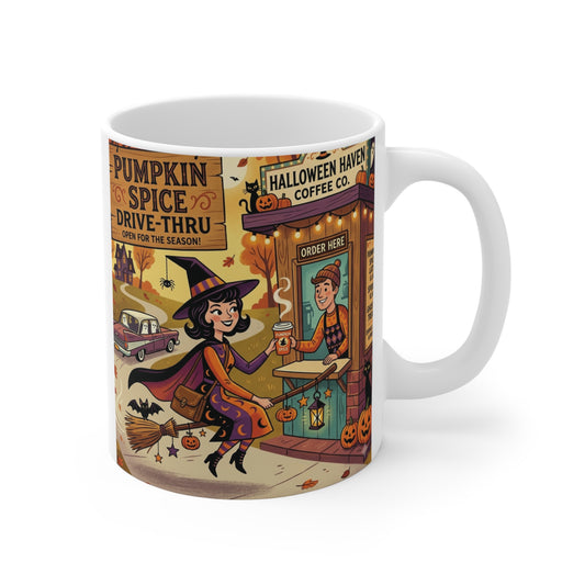 11oz white ceramic coffee mug featuring mid-century style retro illustration of a witch on a broomstick ordering coffee at a pumpkin spice drive-thru.