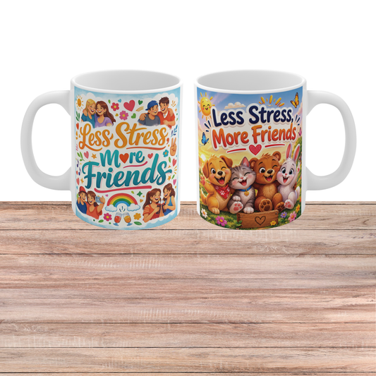 Friendship Mug - "Less Stress More Friends" Ceramic Cup