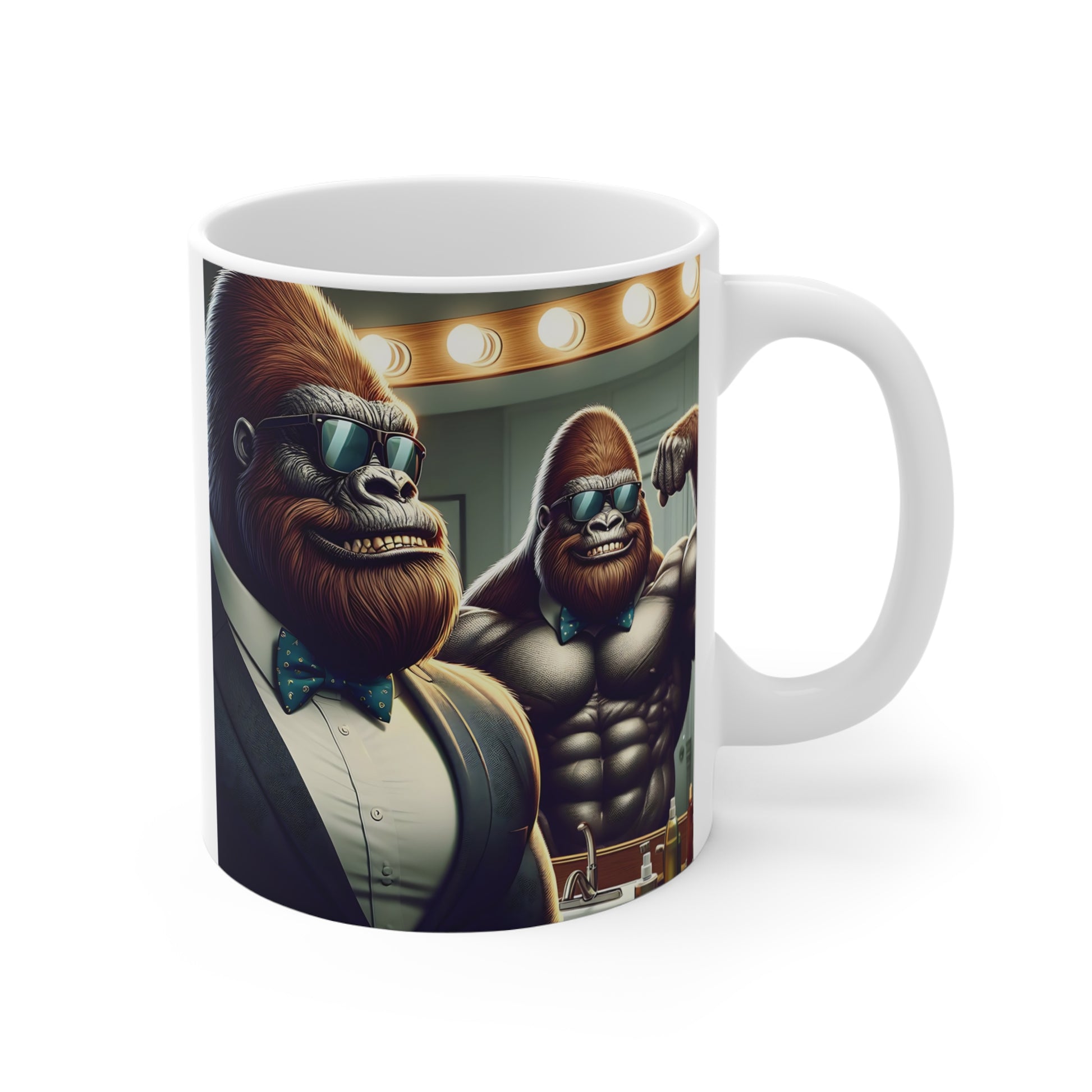 Humorous coffee mug featuring a fashionable gorilla wearing sunglasses and a blue bow tie, posing confidently in a dressing room mirror with muscular reflection artwork.