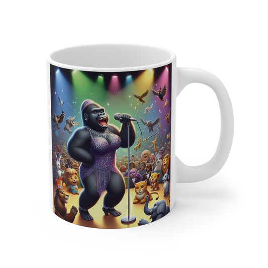 Colorful gorilla singer performing on stage with microphone, surrounded by cheering animals on a fun illustrated mug design