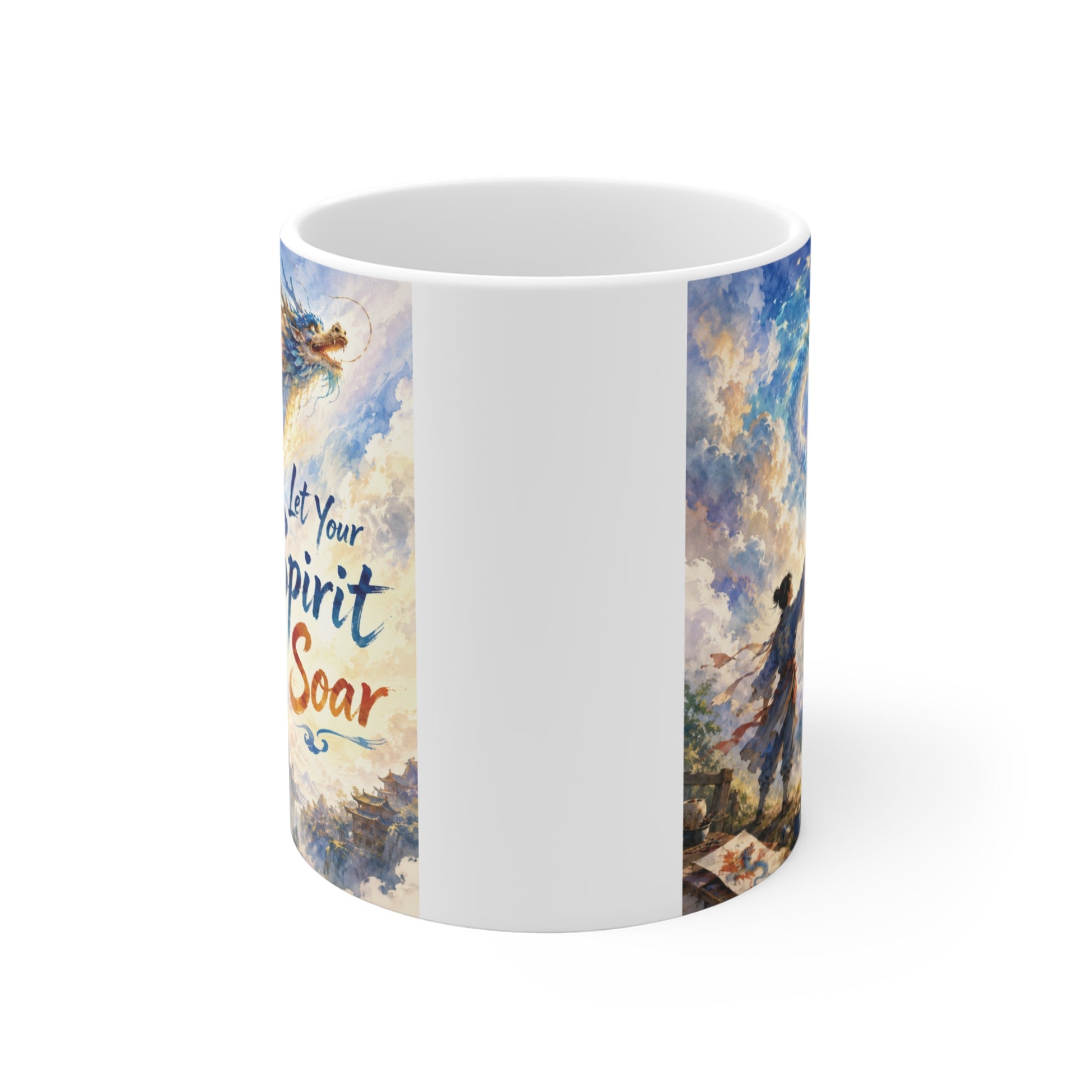 Fantasy dragon watercolor coffee mug with motivational Let Your Spirit Soar design