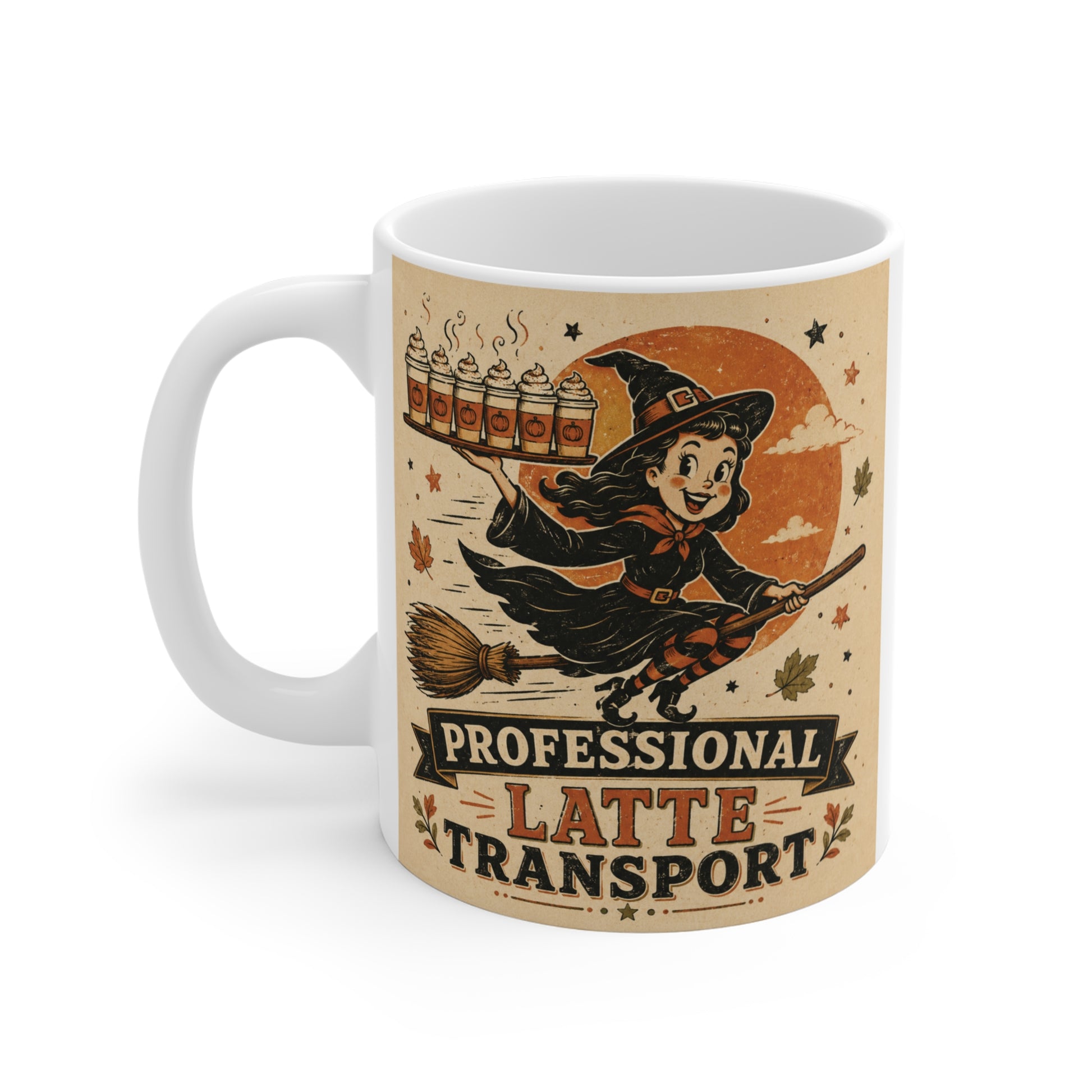 Cute autumn ceramic coffee cup with vintage witch broomstick illustration and Professional Latte Transport banner.