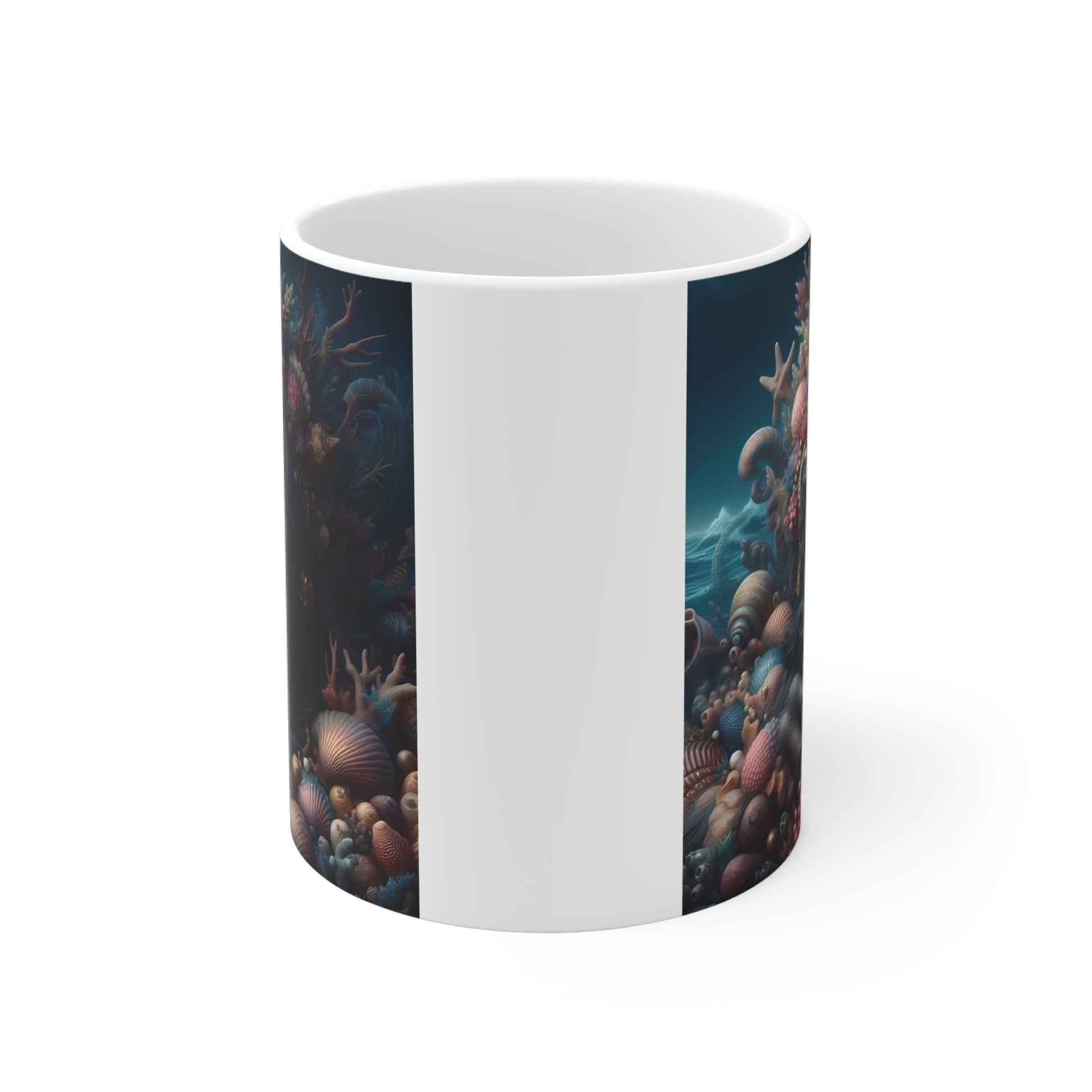 Artistic underwater gorilla coffee mug with coral, seashell crown, and deep-sea inspired fantasy wildlife illustration for animal lovers.