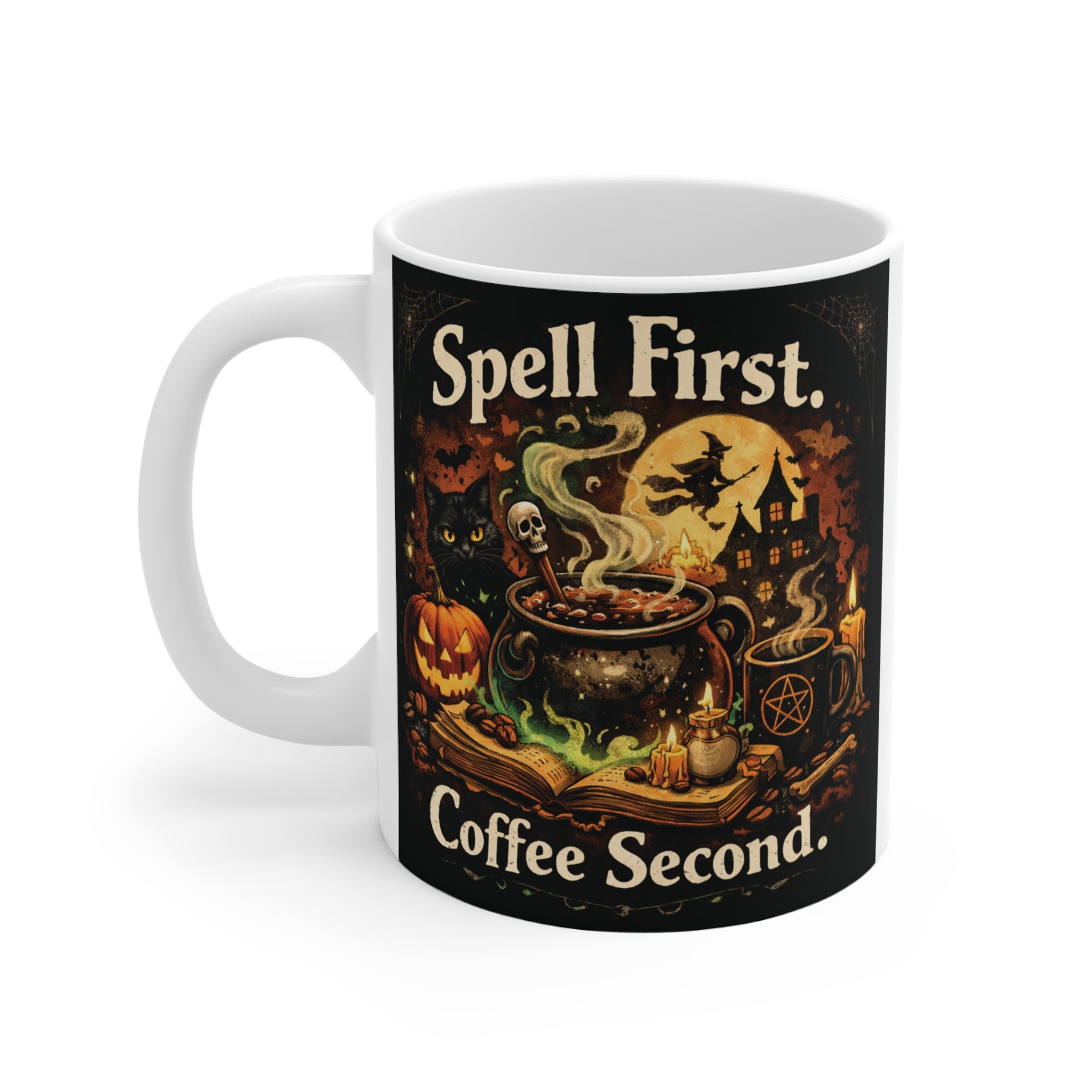 Vintage gothic style 11oz coffee mug with cauldron and flying witch design displaying the quote "Spell First. Coffee Second."