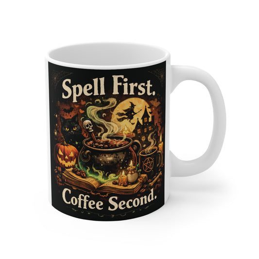 An 11oz white ceramic coffee mug with black art reading "Spell First. Coffee Second." featuring a cauldron, pumpkin, spellbook, and flying witch.