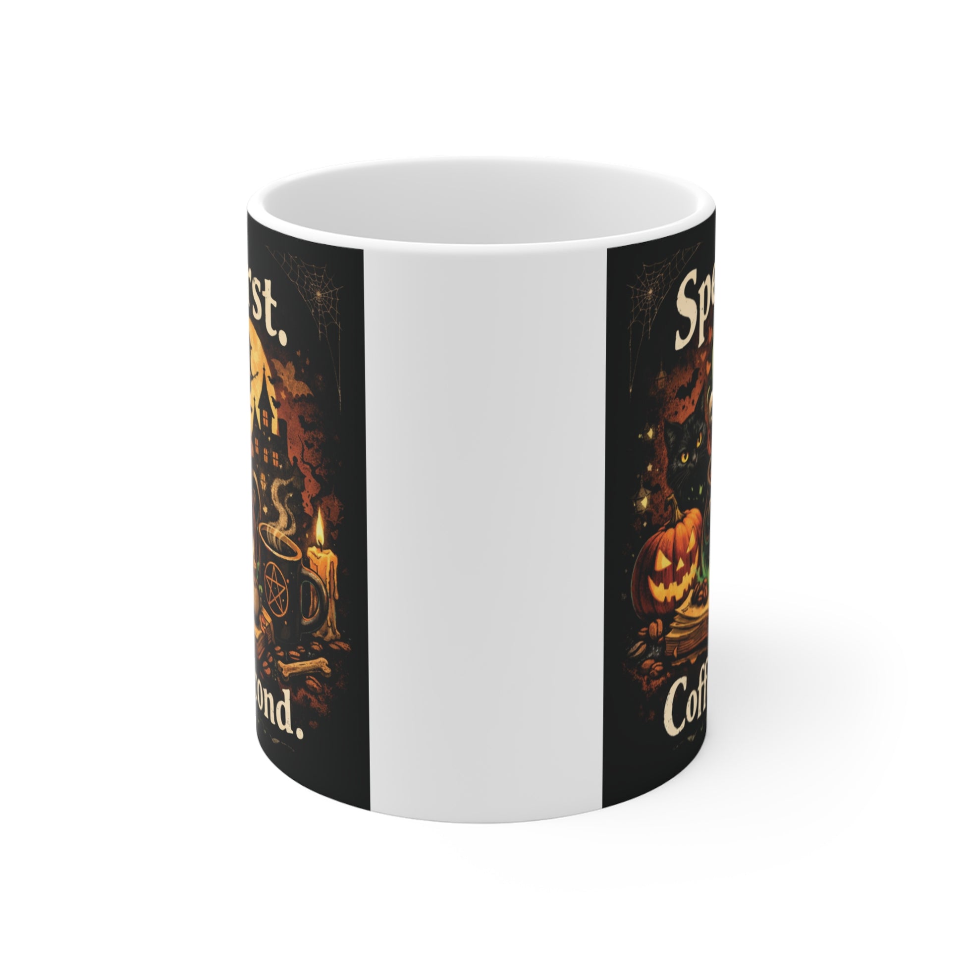 Spooky witchy ceramic coffee mug with a glowing jack-o'-lantern, cauldron, and "Spell First. Coffee Second." text, sitting on a white background.